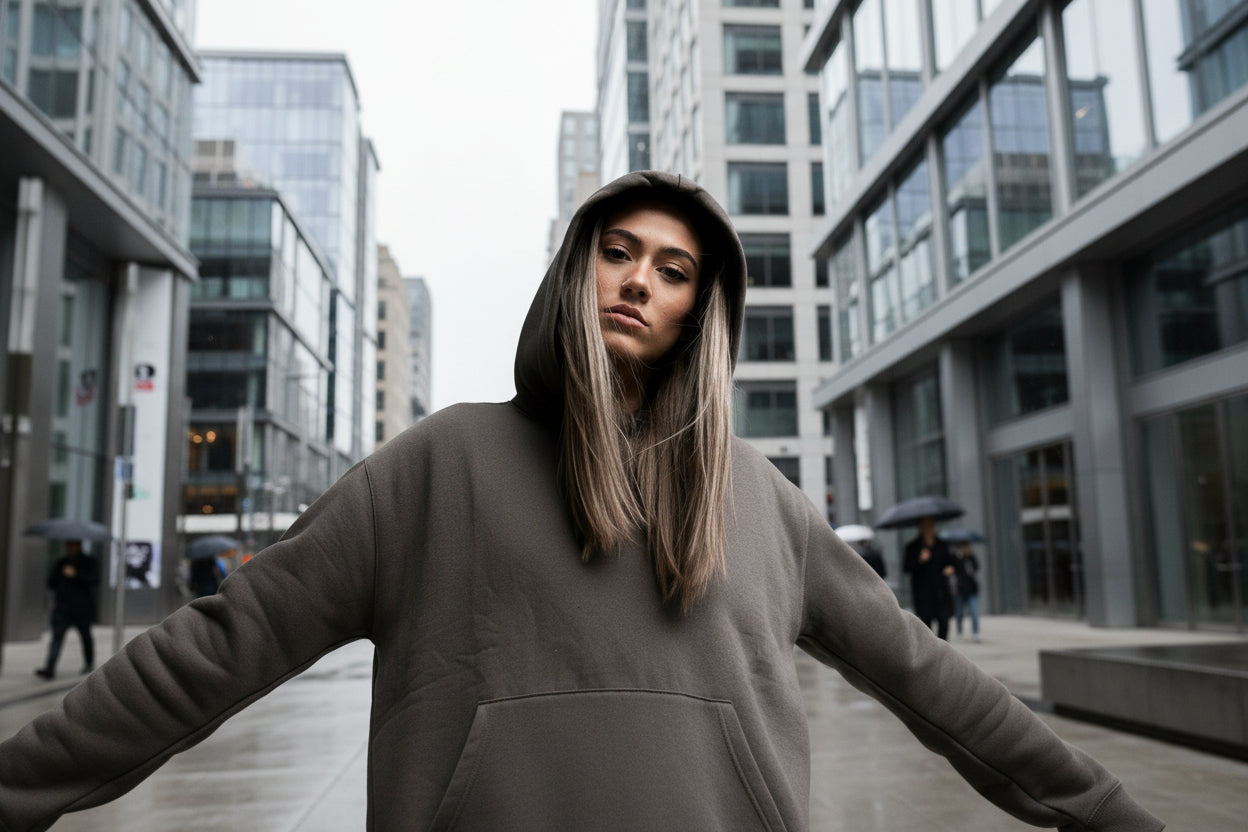 Person wearing a dark hoodie in front of horizontal blinds